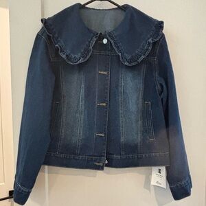 Dark Blue Denim Jacket with Ruffled Peter Pan Collar